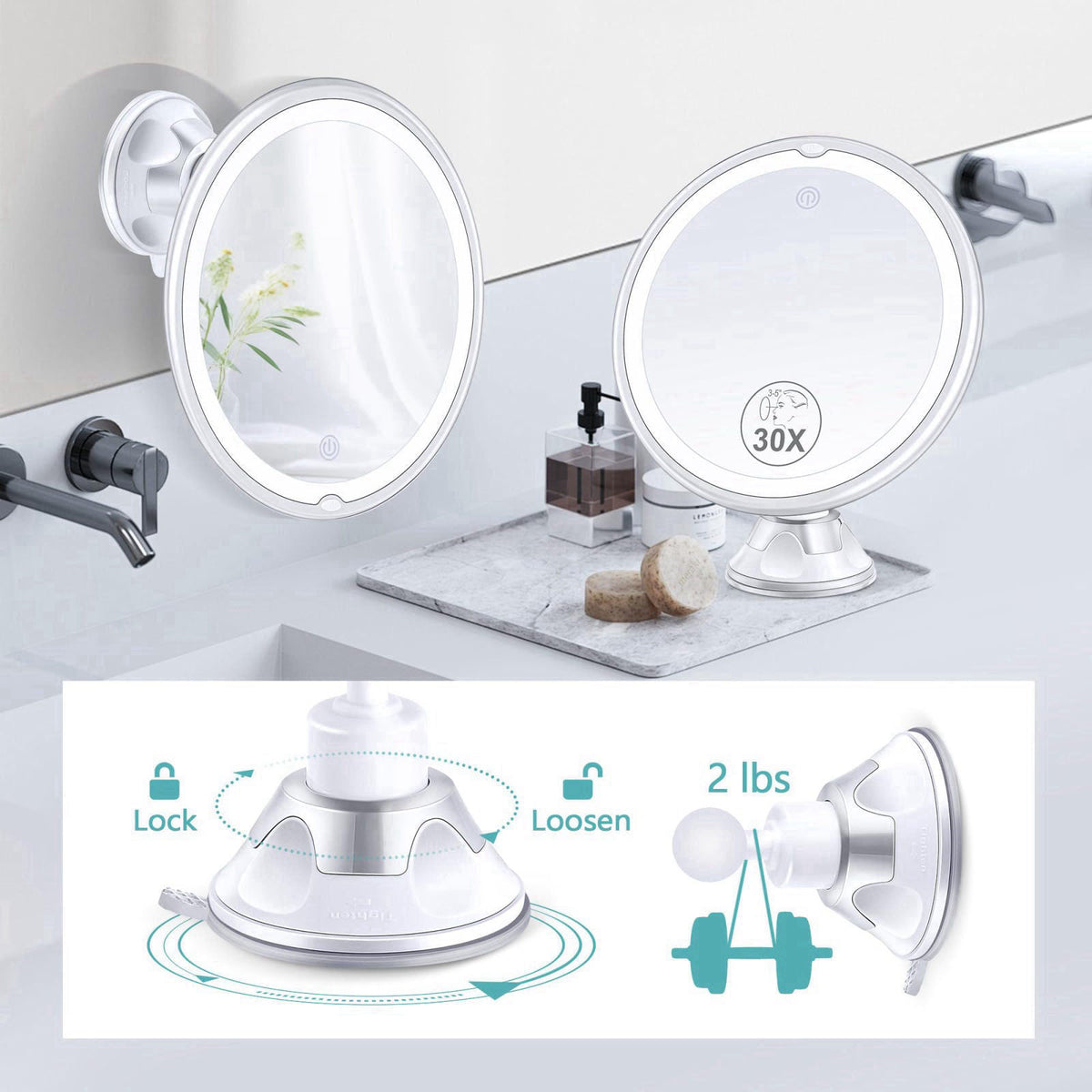 B Beauty Planet Lighted Makeup Mirror with 30X Magnification, 30X Magnifying Mirror Suction Cup with Light, 3 Color Mode