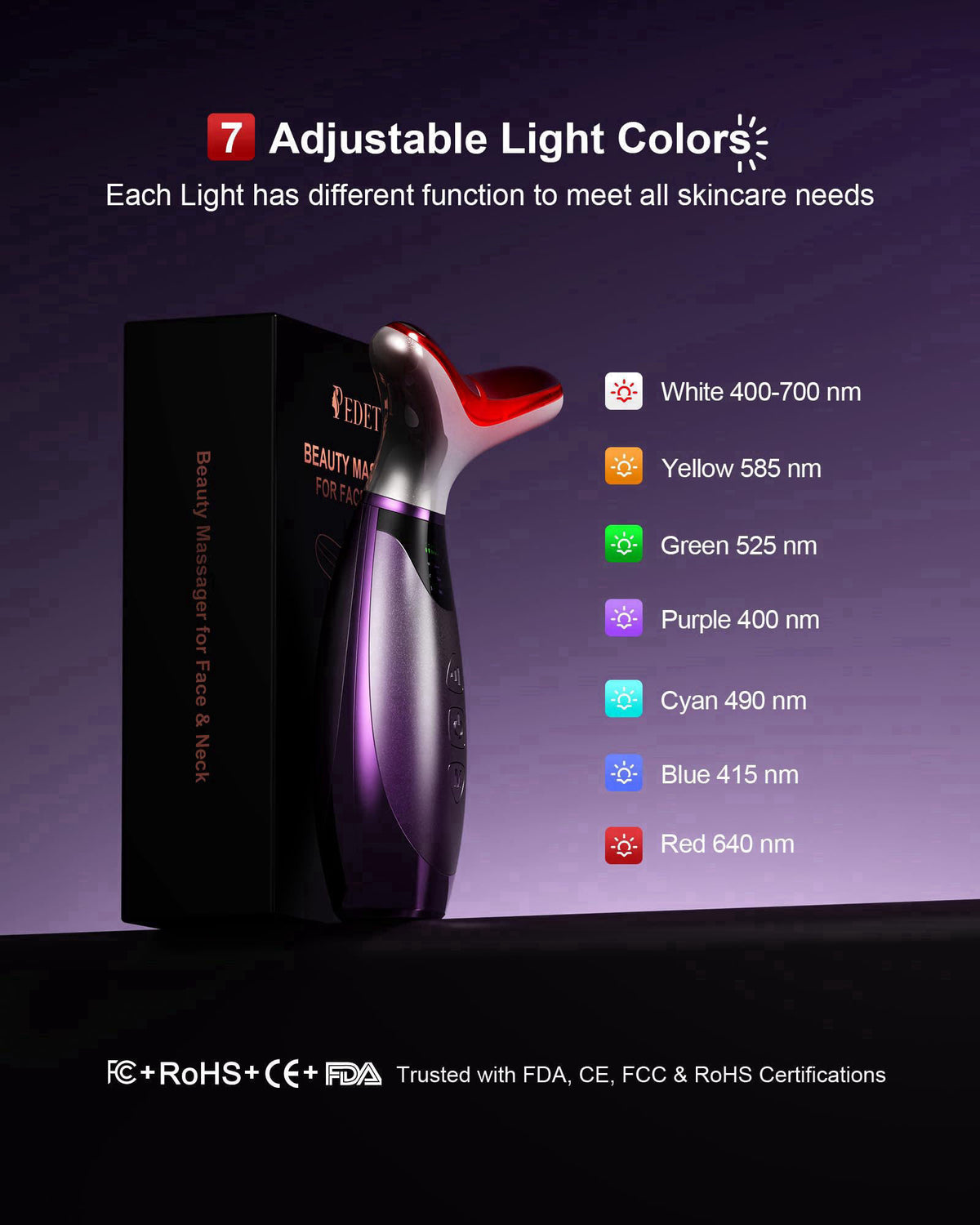 pedete Facial Massager, 7 Colors Red Light Therapy for Face and Neck – packaging and label