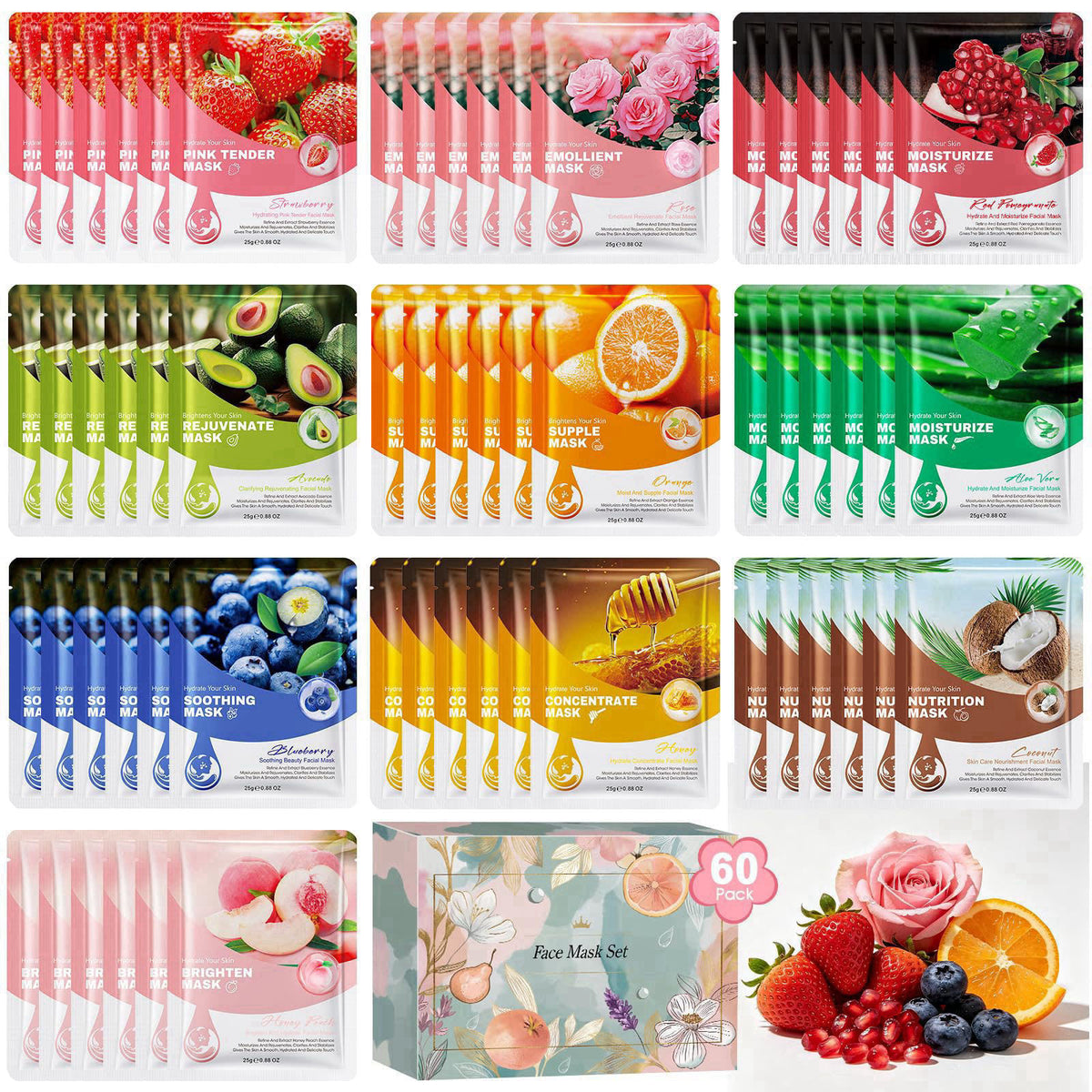 Face Mask 60 Pack Face Masks Skincare Set Bulk Gifts for by ZKONLY — view 2