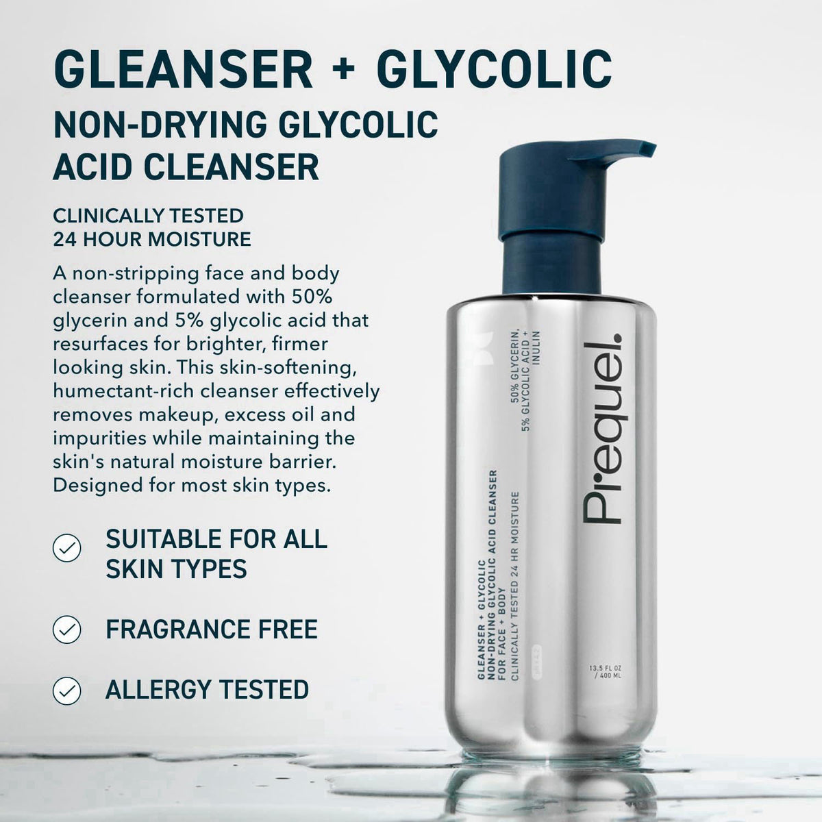 Prequel Skin Gleanser GA AHA Glycolic Body Wash, 50% Glycerin Face Cleanser – close-up detail