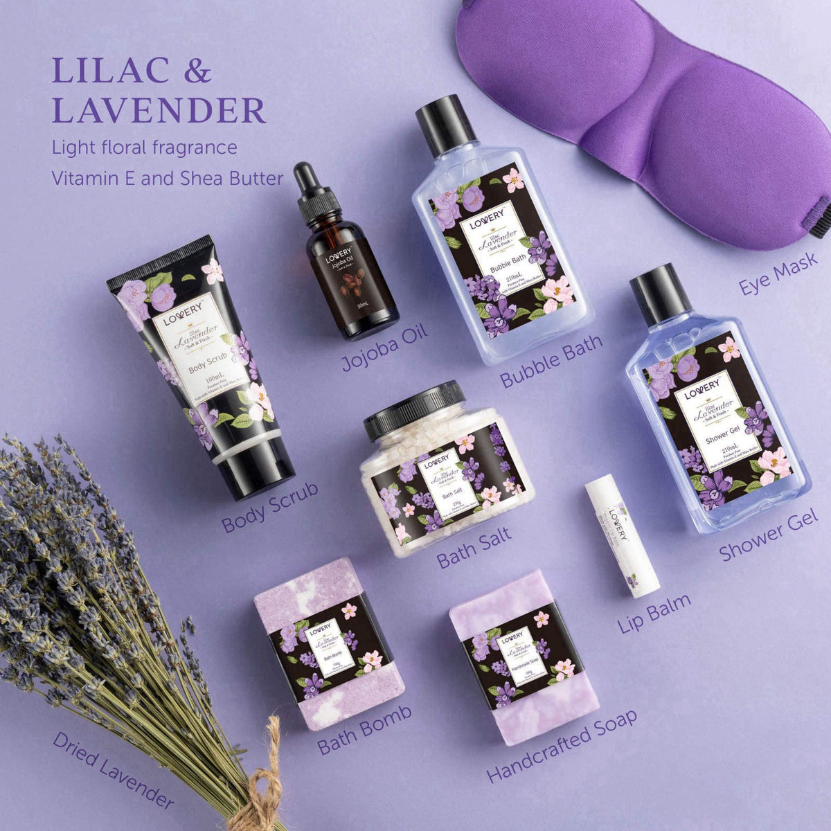 LOVERY Gifts for Women, Moms, Lavender & Lilac Spa Gift Basket Set - Handmade Soap, Potpourri, Bath Bomb, Jojoba Oil, Or