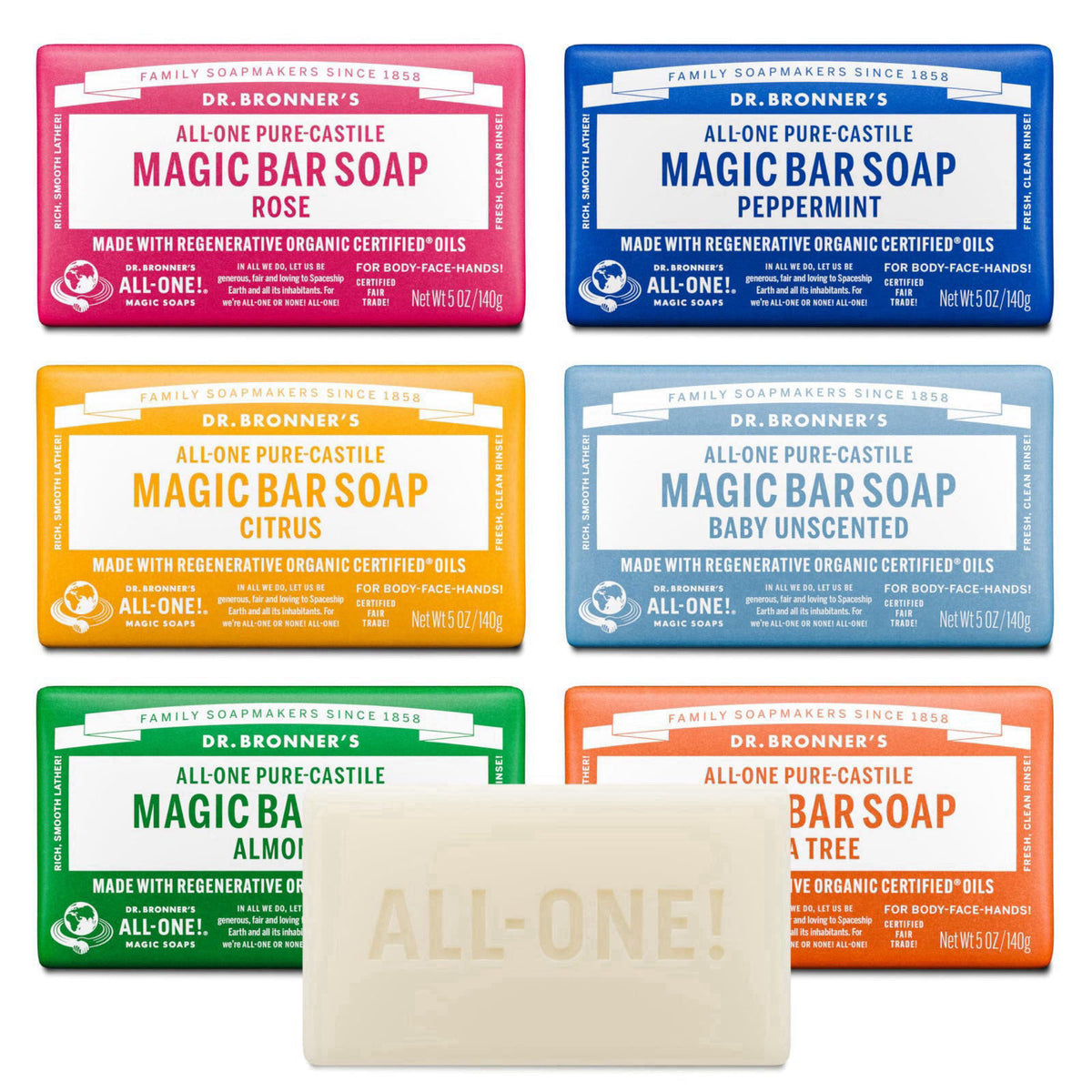 Dr. Bronner's Pure-Castile Bar Soap for Men & Women, 5 oz, Variety 6-Pack – product photo (Washes)