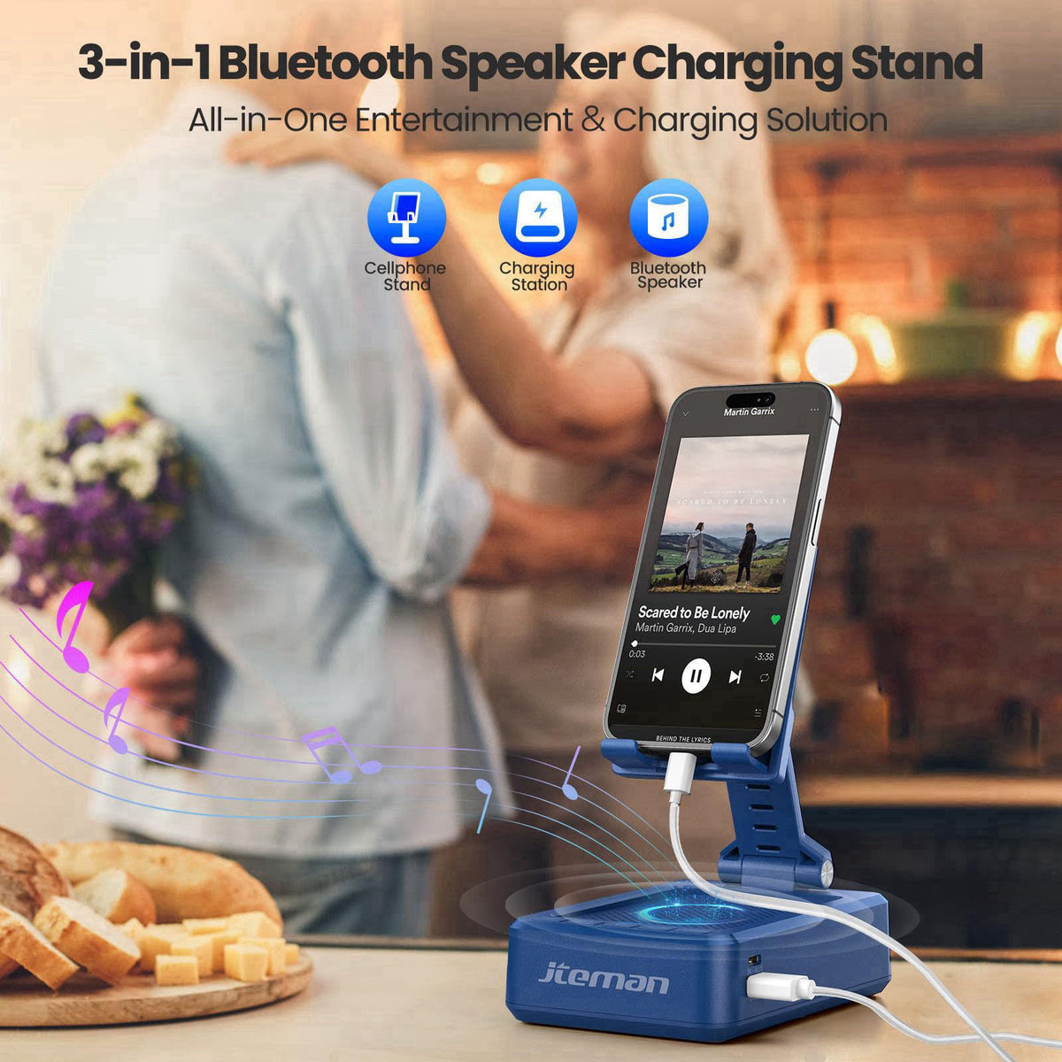 JTEMAN Cell Phone Stand with Bluetooth Speaker and Charging
