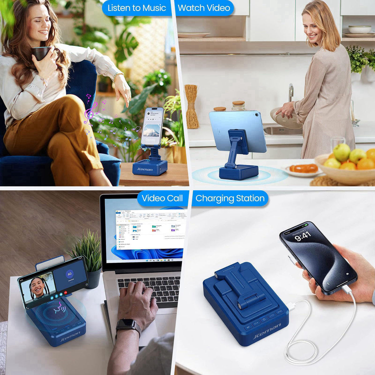 JTEMAN Cell Phone Stand with Bluetooth Speaker and Charging
