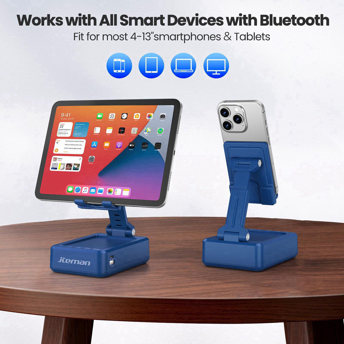 JTEMAN Cell Phone Stand with Bluetooth Speaker and Charging