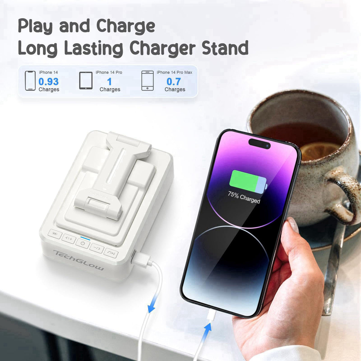Foldable Cellphone Stand with Bluetooth Speaker and Charging