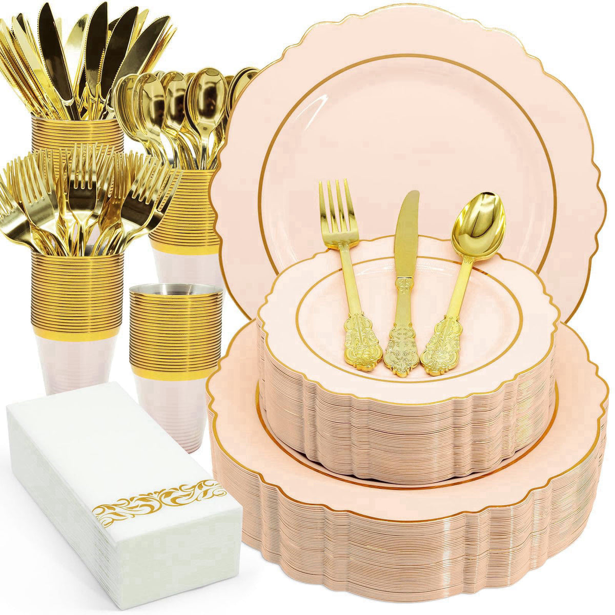 AIRE Pink Gold Plastic Plates Set 175PCS Disposable — view 2