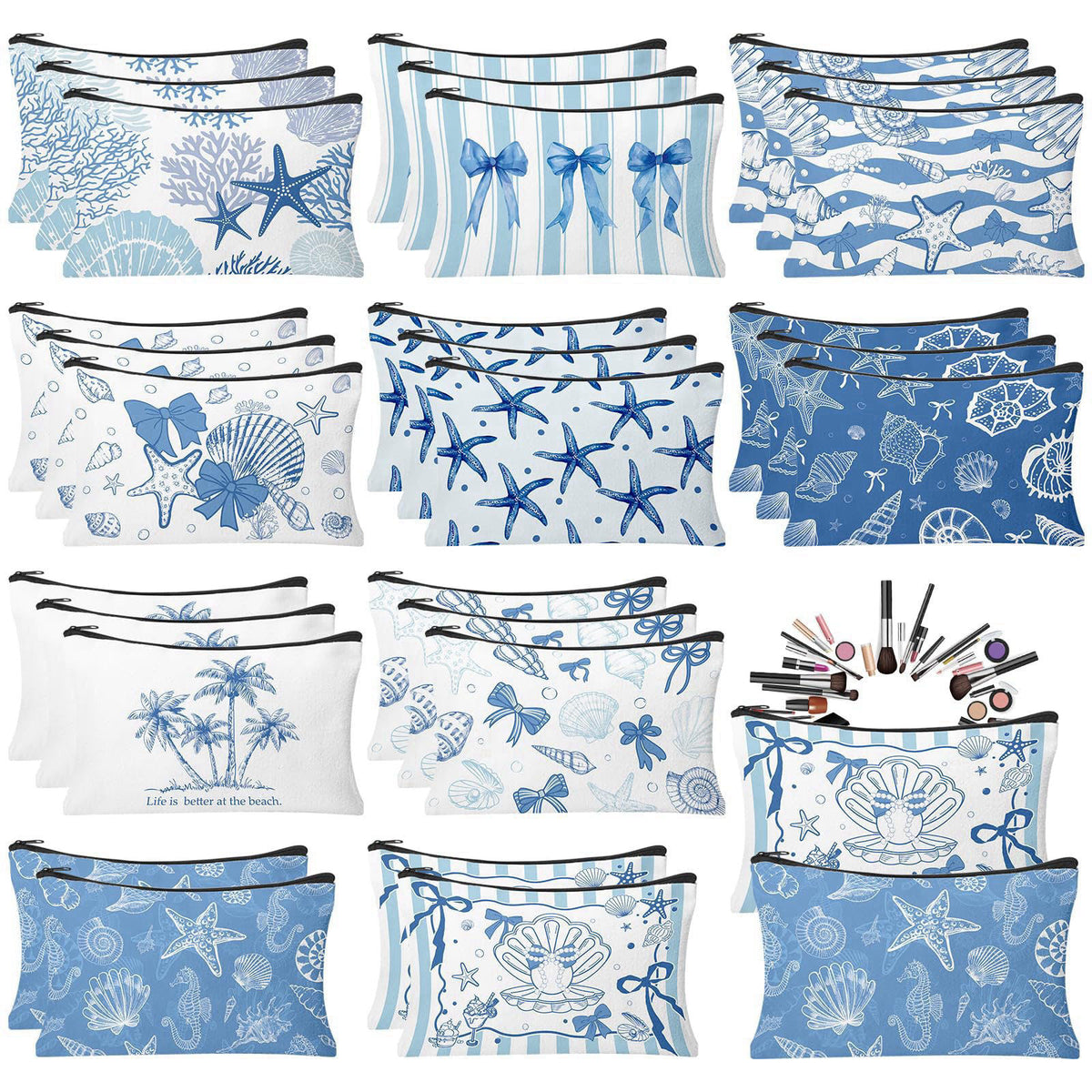 30 Pcs Coastal Makeup Bags Blue Bow Seashell Makeup Bag by HSDSH