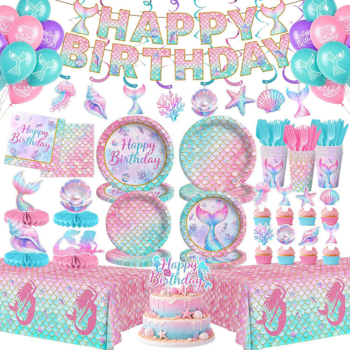 202 Pcs Mermaid Birthday Party Decorations Mermaid Party by Kinovo — view 2