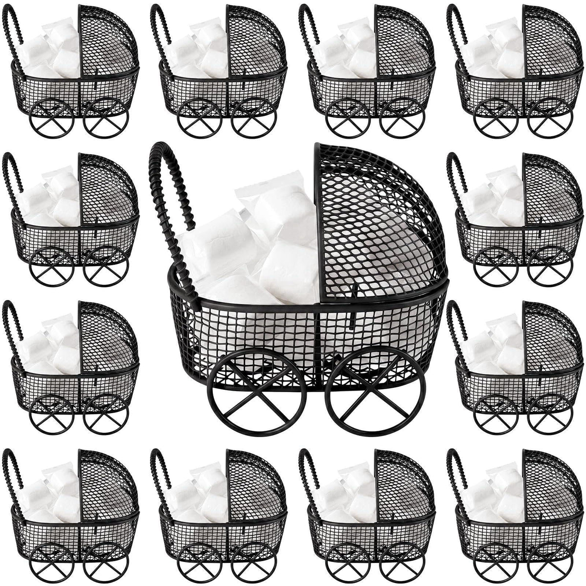 Threehoney 12 Pcs Baby Shower Mini Carriage Decoration Black Metal Wired Fillable Candy Stroller Baby Shower Table Cente