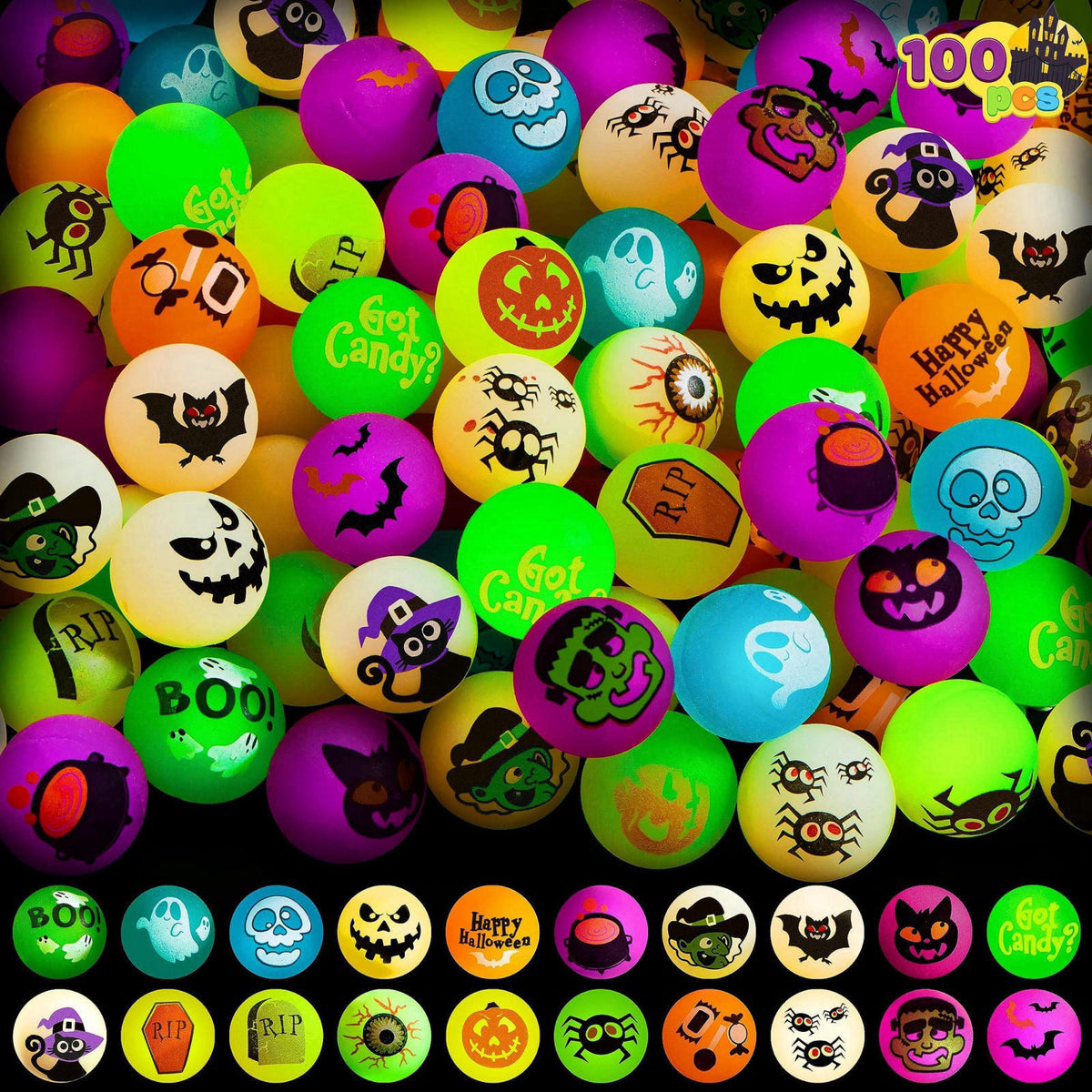 JOYIN 100 PCS Halloween Glow in The Dark Bouncing Balls 20