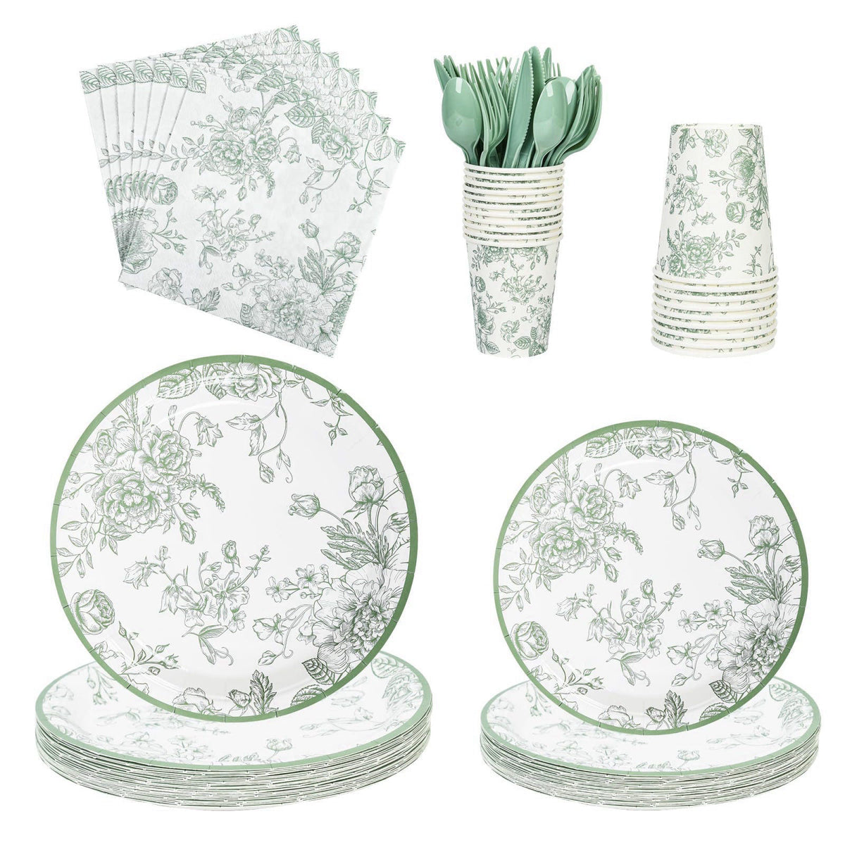 175Pcs Sage Green Floral Paper Plates and Napkins 25 Guests by Elyxio — view 2