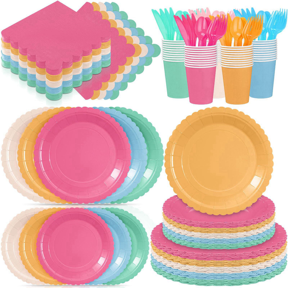 Zhehao 175 Pcs Candy Colors Party Plates Cups Napkins Set