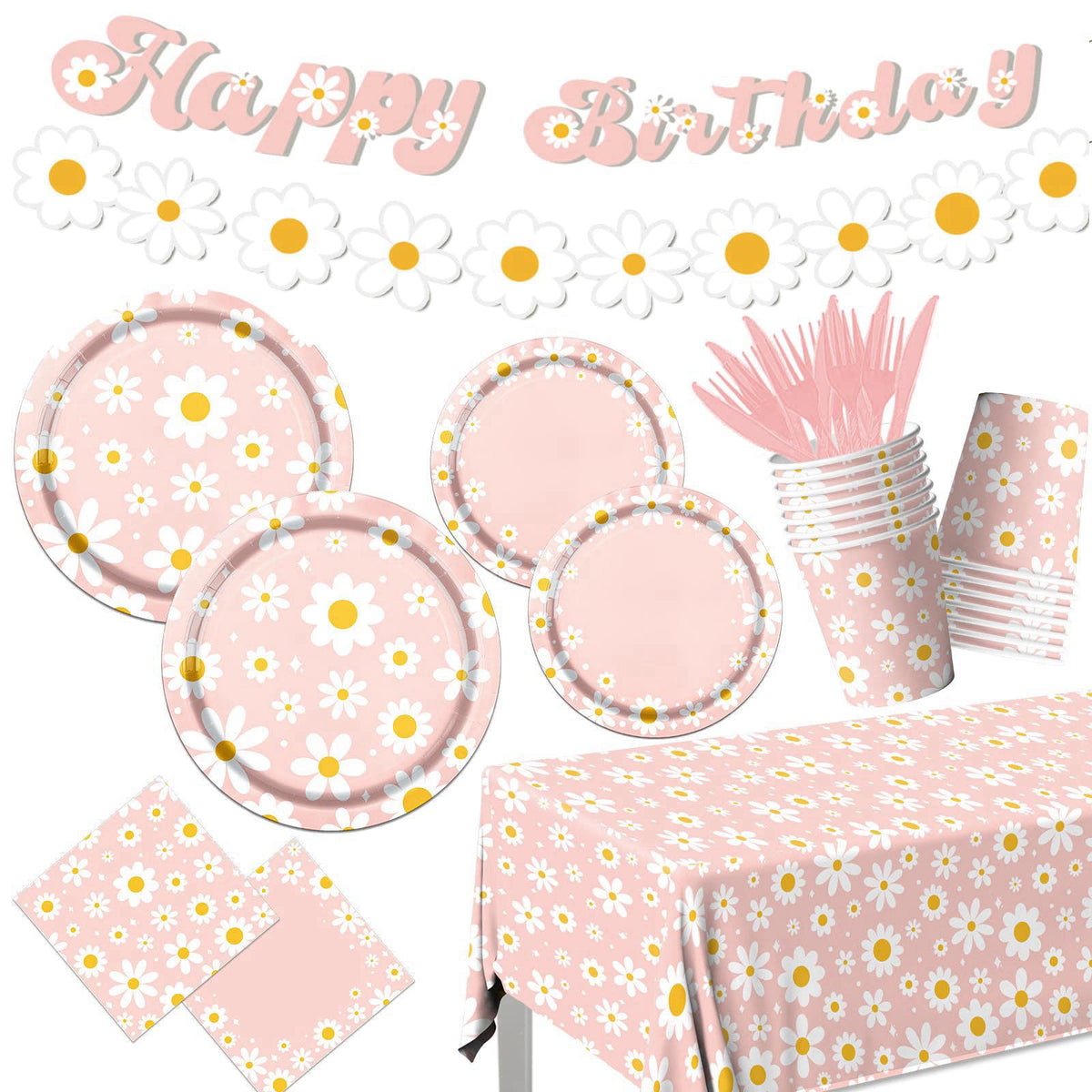 142PCS Daisy Birthday Party Tableware Set Pink Groovy Daisy by Bezkega — view 2