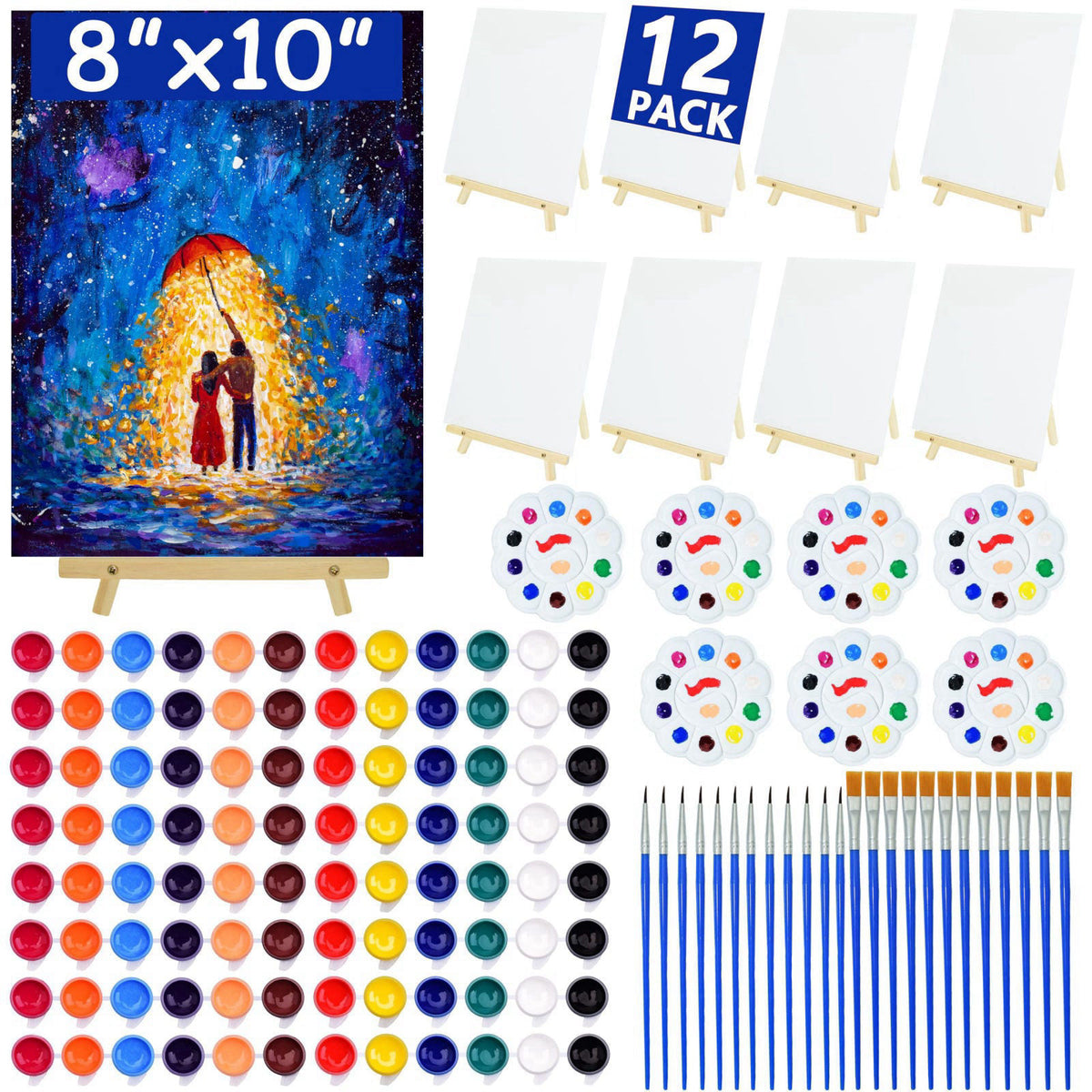 BIDDFA 12 Pack 8x10 Canvas and Easel Set, Paint and Sip Kit for Adults Party