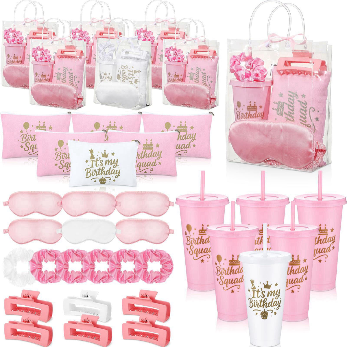 Birthday Squad Party Favors for Women Pink White 6 Sets