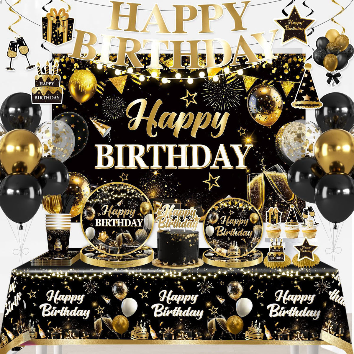 206pcs Black and Gold Birthday Decorations Men Set for 25 by Yingoto