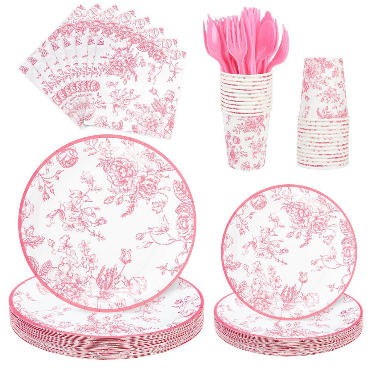 175Pcs Pink Floral Paper Plates and Napkins 25 Guests Pink by Elyxio