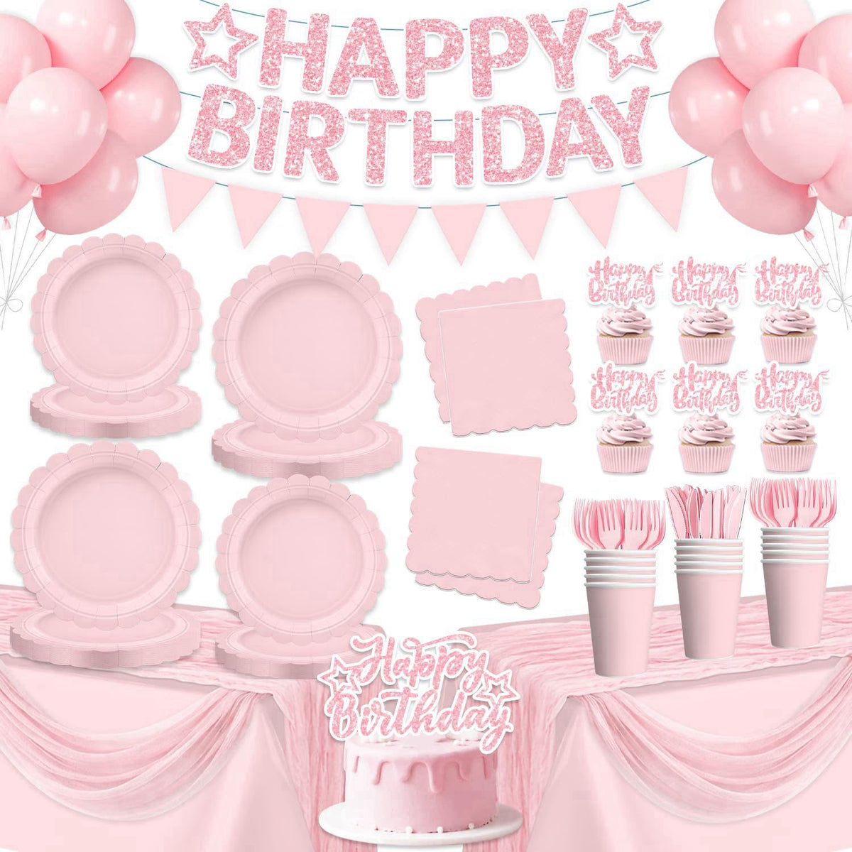 196Pcs Pink Birthday Party Decorations Tableware Set Serves by Yingoto — view 2