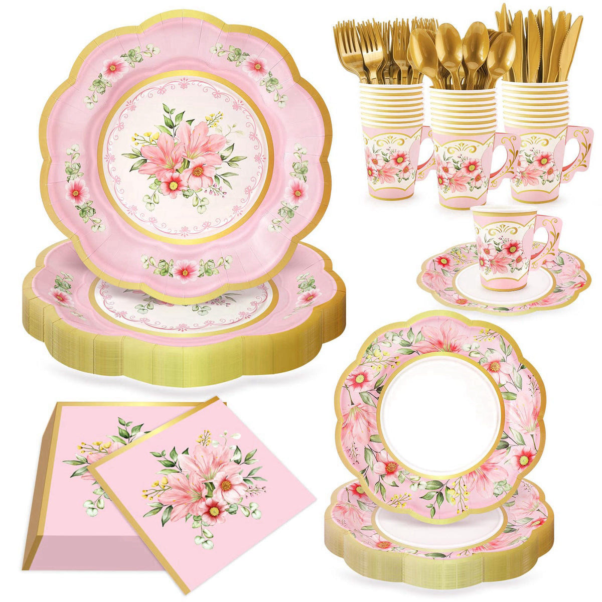 168PCS Flower Tea Party Supplies Pink Vintage Floral Party by Fighting to Achieve