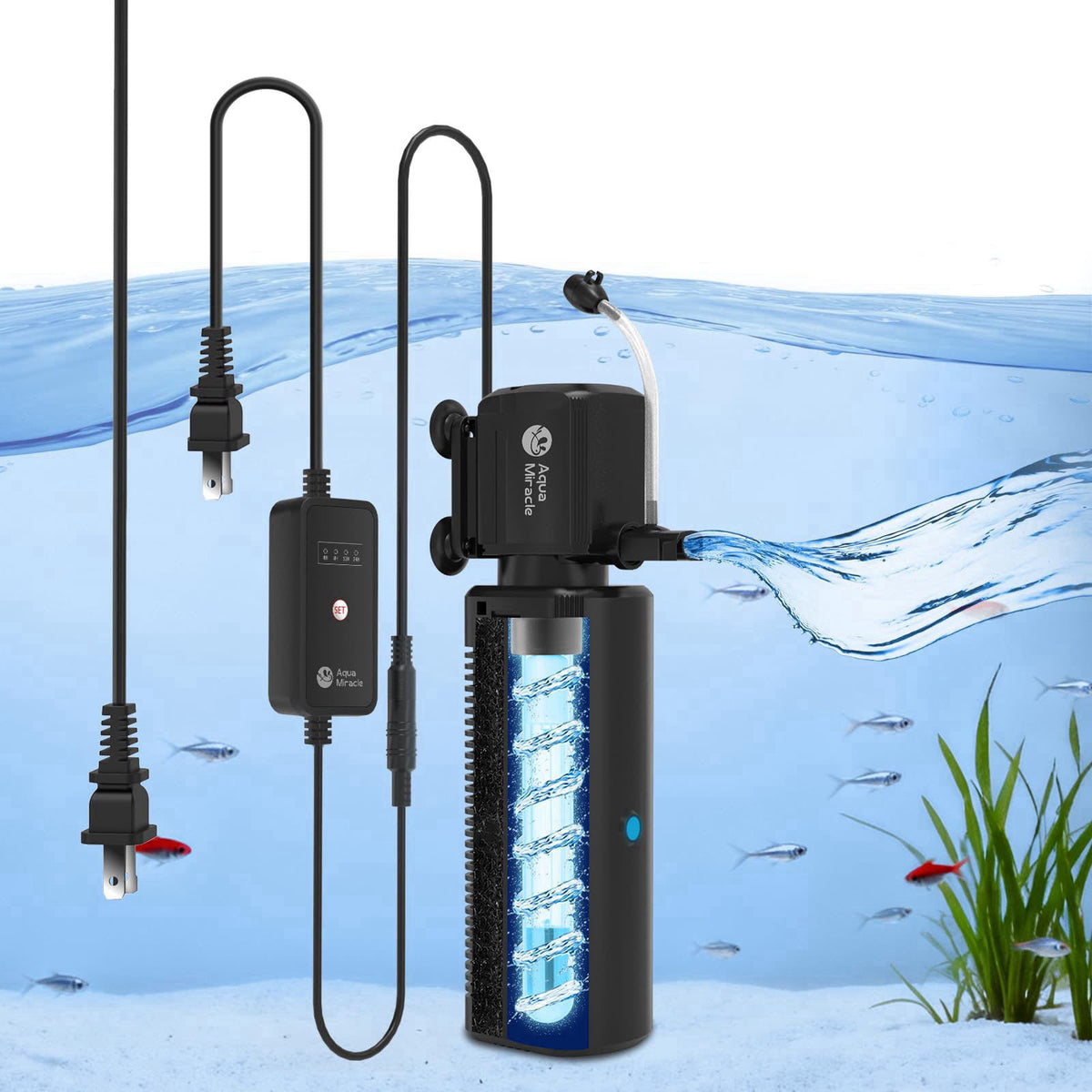 AquaMiracle Fish Tank Filter with Timer Filter Sponge 130GPH — view 2