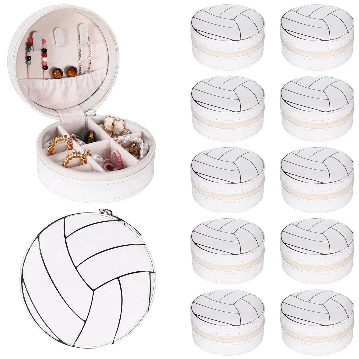 MveLwodx 12 Pcs Volleyball Gifts - Round Volleyball Mini Travel Jewelry Case Volleyball Team Gifts Portable Jewelry Orga