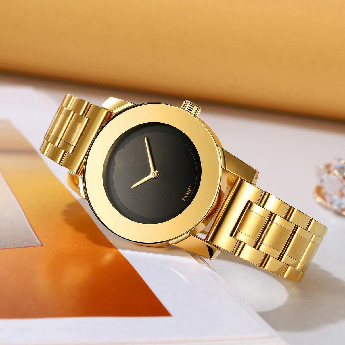 Gosasa Unisex Stainless Steel Quartz Watch Diamond Accents