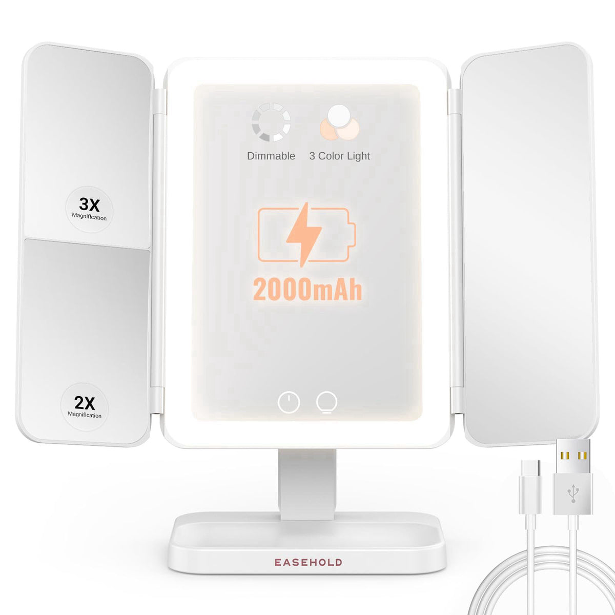 2000mAh Rechargeable Trifold Lighted Makeup Vanity Mirror by EASEHOLD — view 2