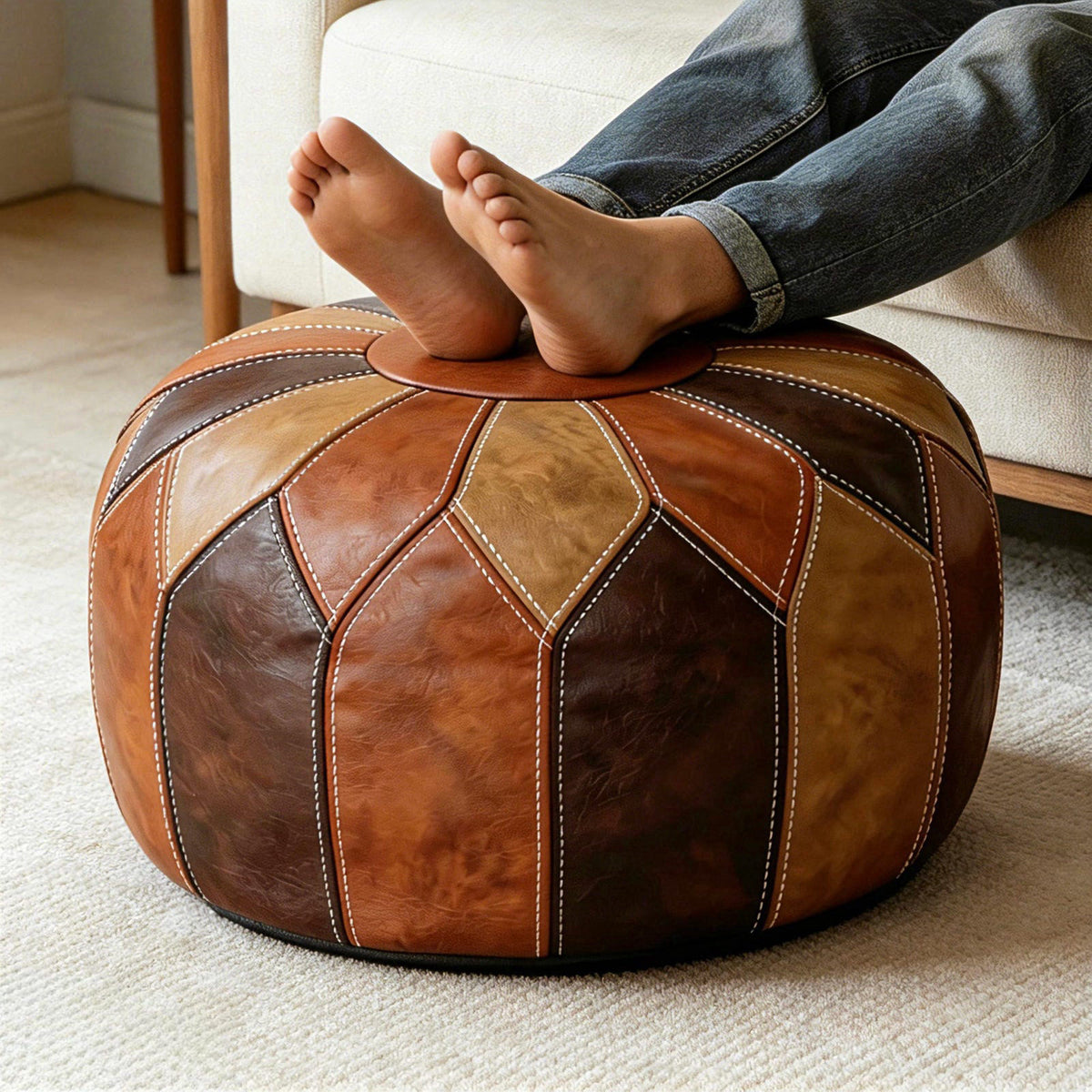 Thgonwid Round Unstuffed Pouf Cover Faux Leather Storage