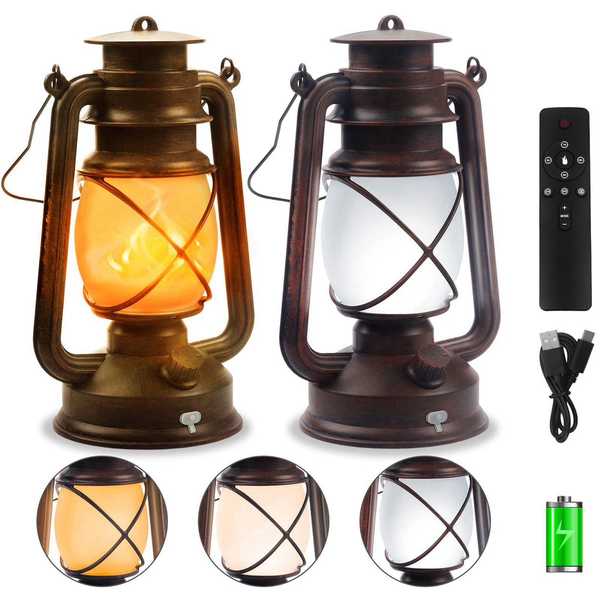 2 Pack Bronze Vintage 4 Modes Rechargeable Lanterns with by Wondrastical — view 2