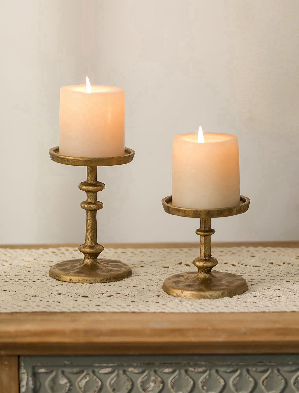 NUPTIO Gold Candle Holders for Pillar Antique Brass Cast