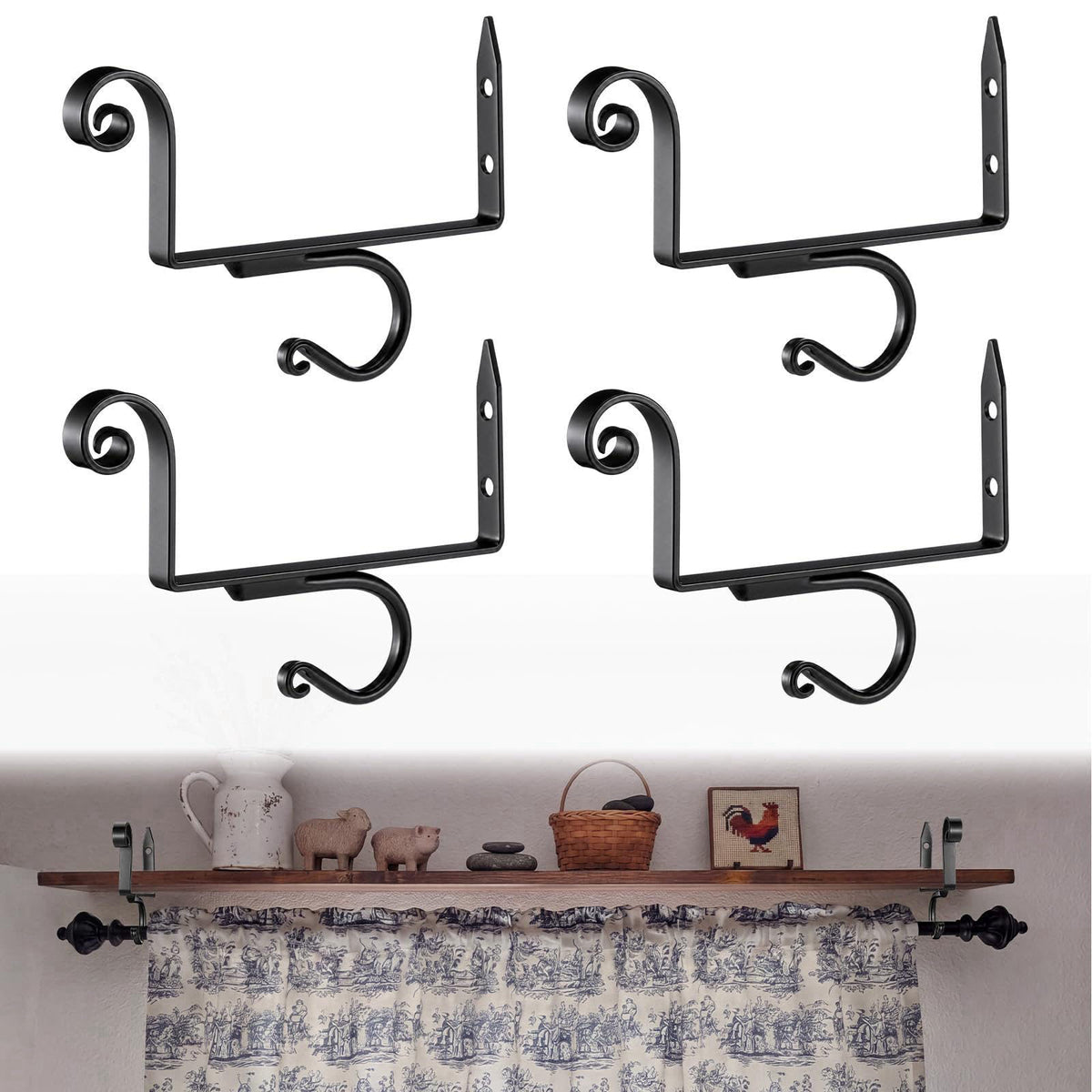 Hicarer 4 Pcs 7 Shelf Bracket with Curtain Rod Holder Metal