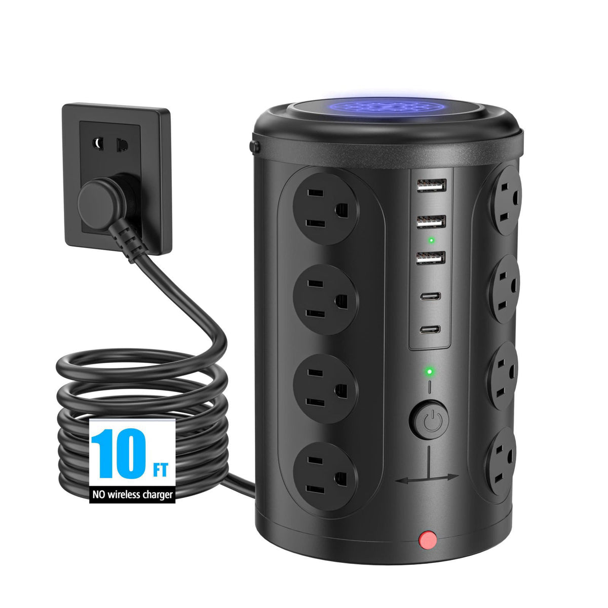 UWIWUTEI 10FT Power Strip Tower Surge Protector,16 Wide‑Spaced Outlets & 5 USB Ports