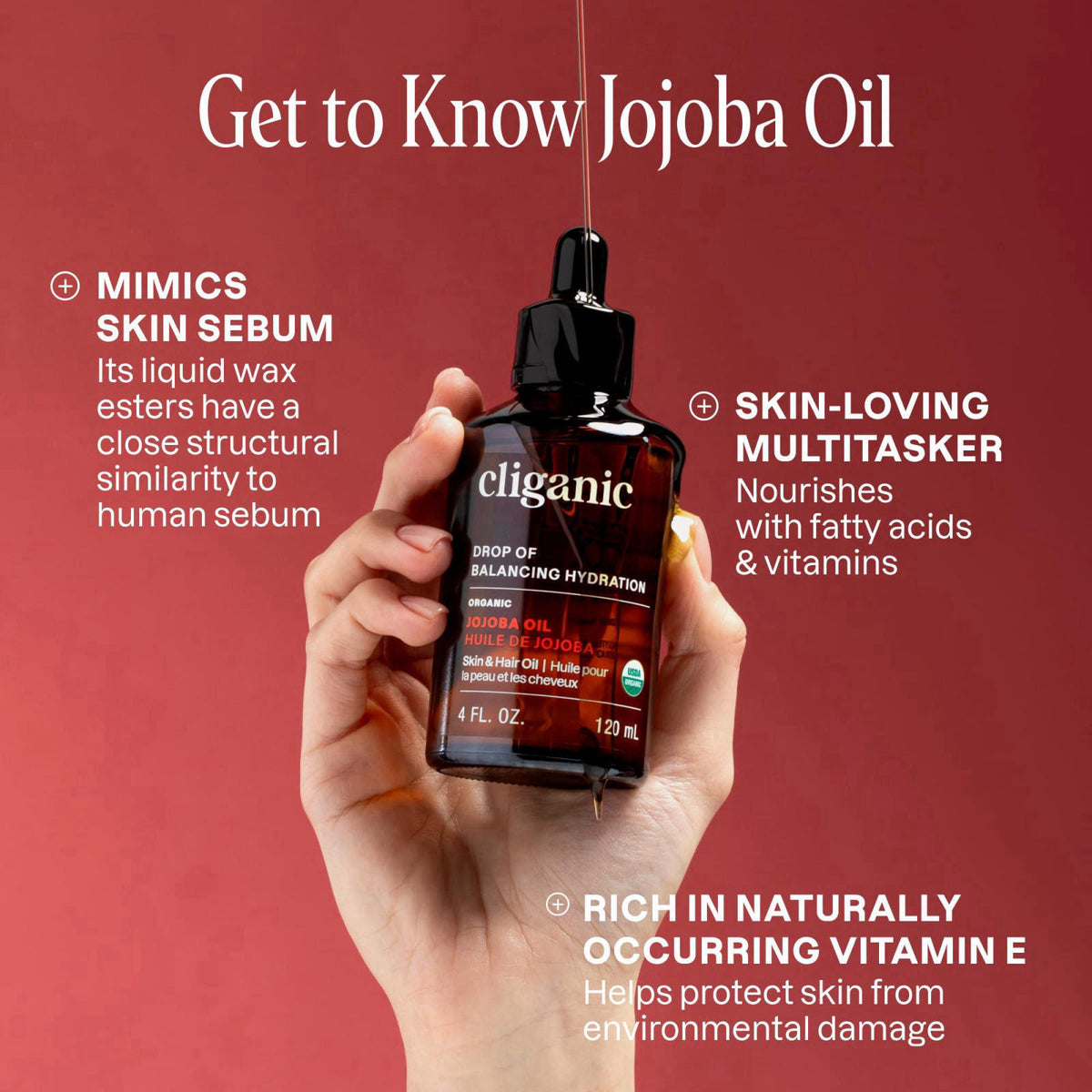 Cliganic Organic Jojoba Oil 100 Cold Pressed for Face Hair
