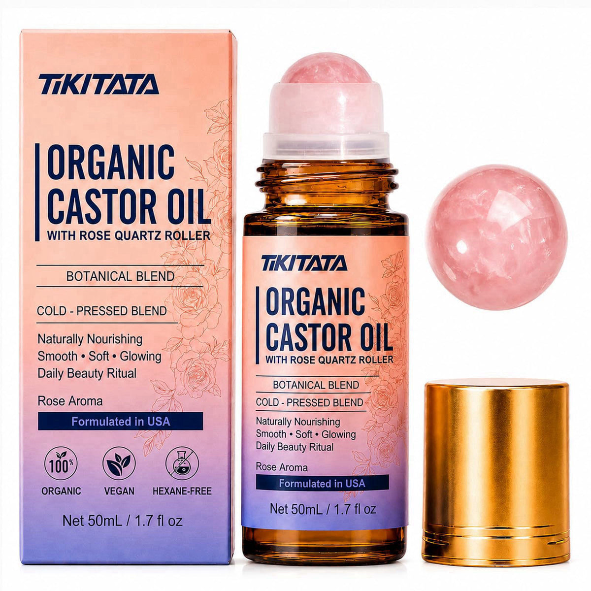 Organic Castor Oil Rose Quartz Roller Ball 100 Cold Pressed