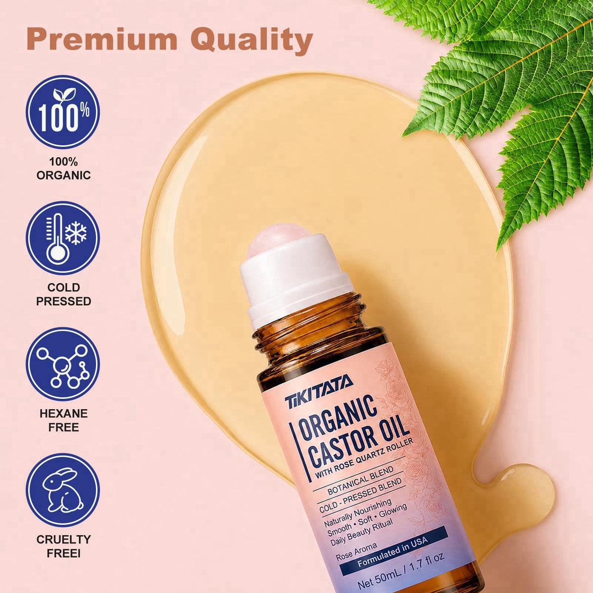 Organic Castor Oil Rose Quartz Roller Ball 100 Cold Pressed