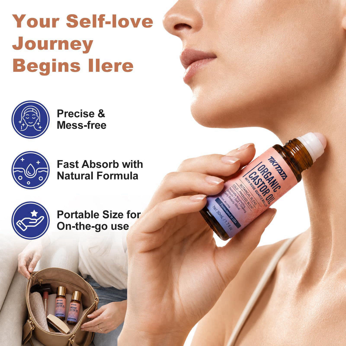 Organic Castor Oil Rose Quartz Roller Ball 100 Cold Pressed