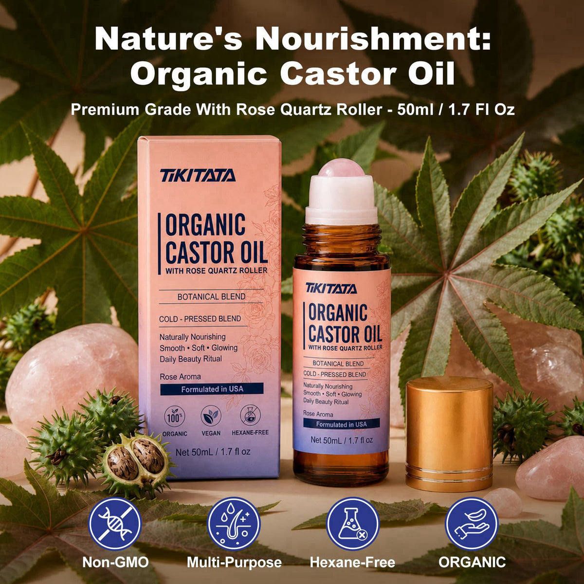 Organic Castor Oil Rose Quartz Roller Ball 100 Cold Pressed