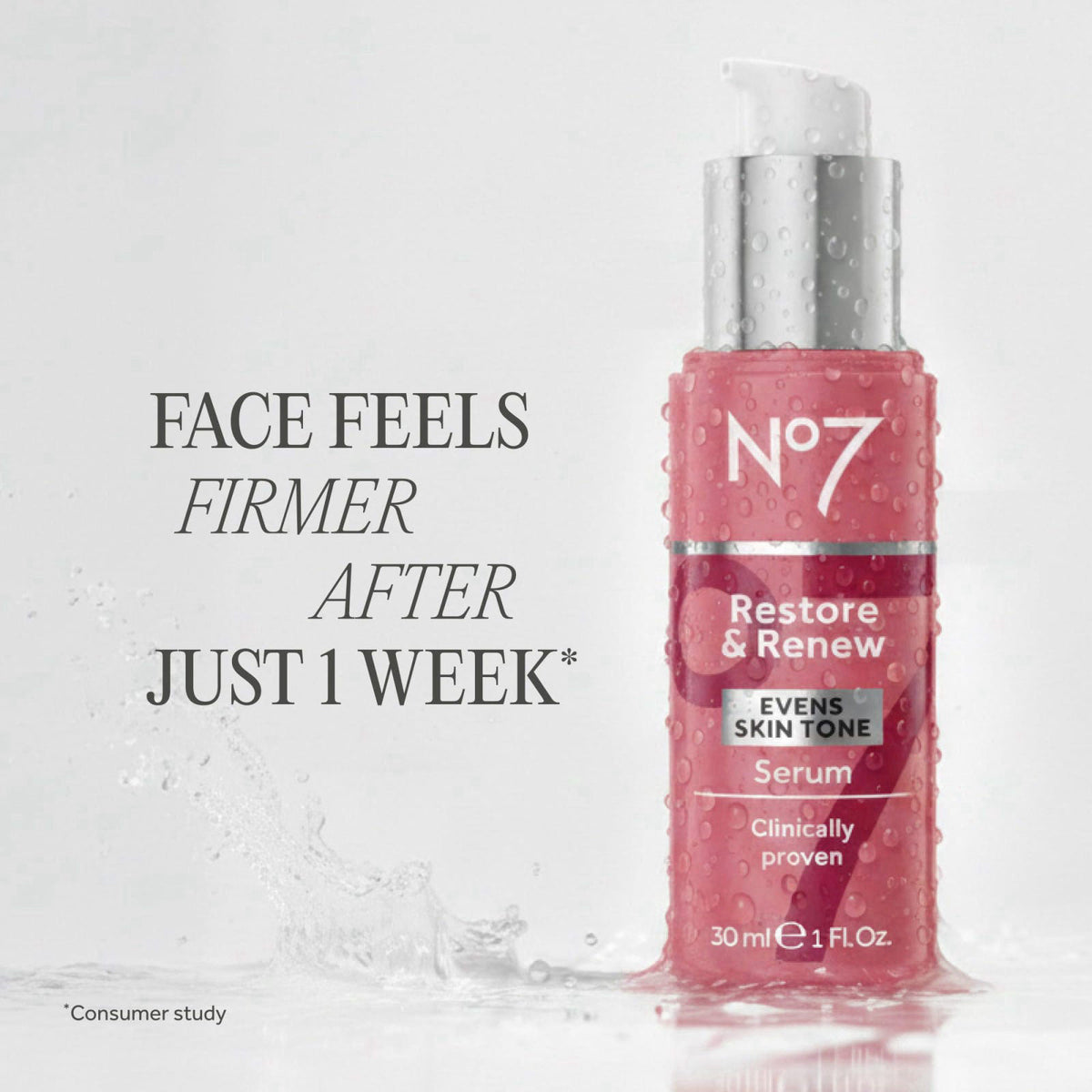 No7 Restore & Renew Sculpting Face & Neck Serum, 1 fl oz – packaging and label