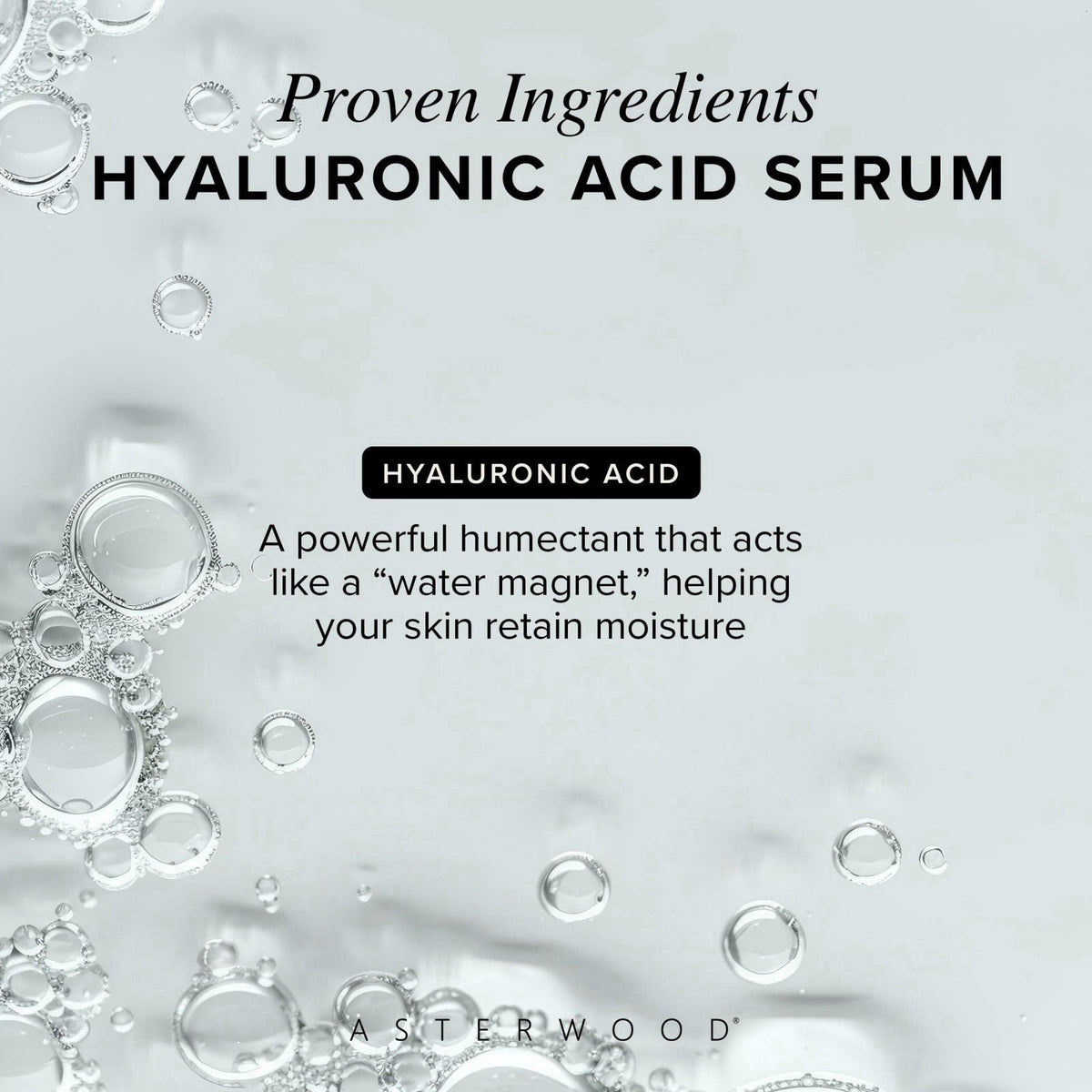 Asterwood Pure Hyaluronic Acid Serum for Face, Anti-Aging & Hydrating – packaging and label