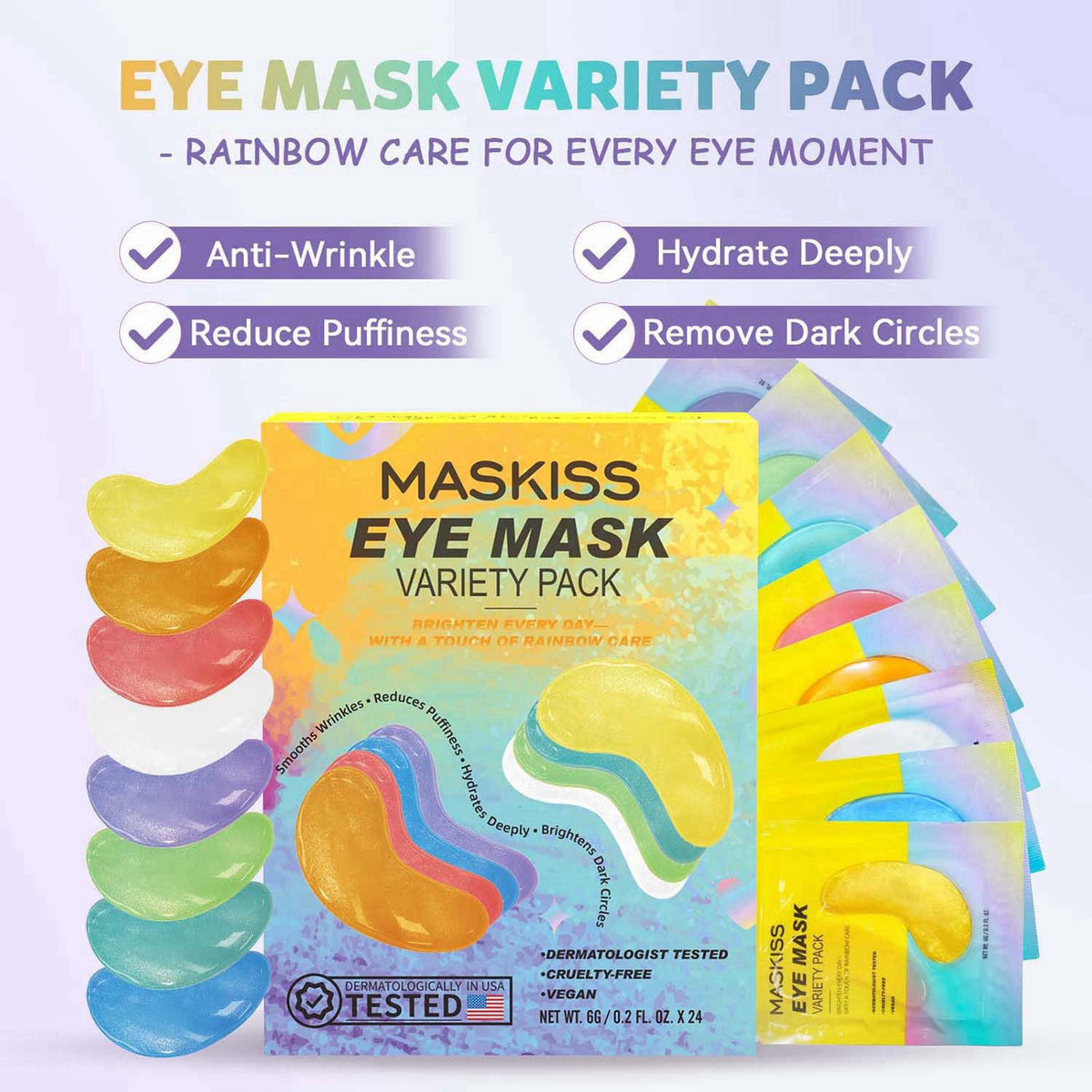 Maskiss Under Eye Patches Variety Pack (48 Pairs), Eye Masks for Dark Circles Puffy Eyes With 8 Colors (6 Pairs/Color), 