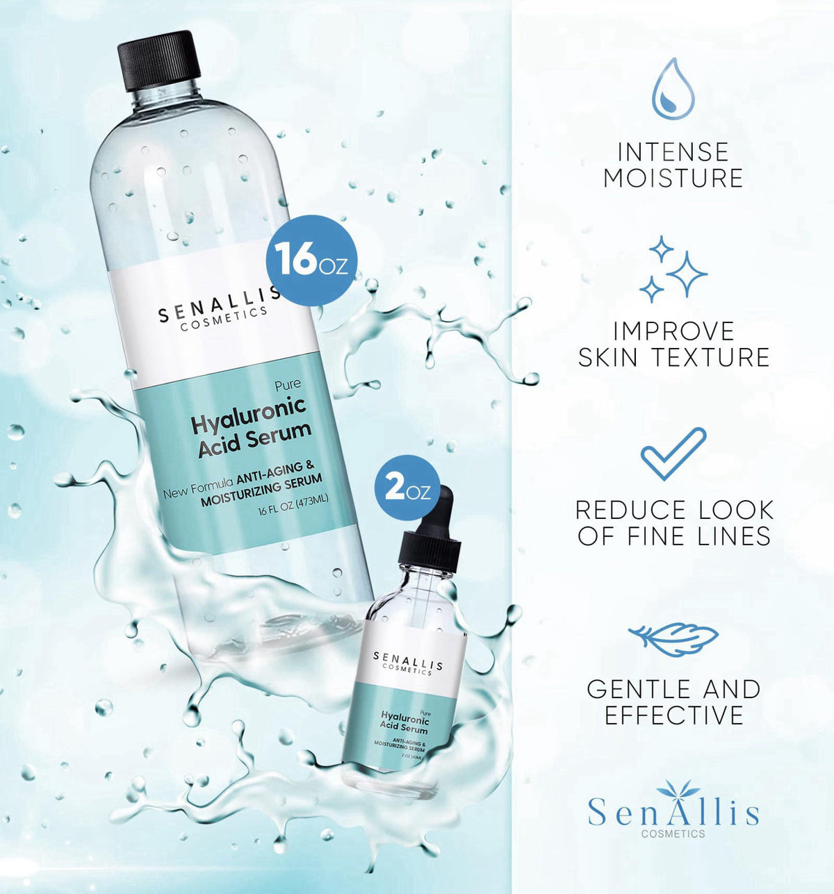 SenAllis Cosmetics Hyaluronic Acid Serum 16 fl oz And 2 fl oz, Made From Pure Anti Aging/Wrinkle, Ultra Hydrating Moistu