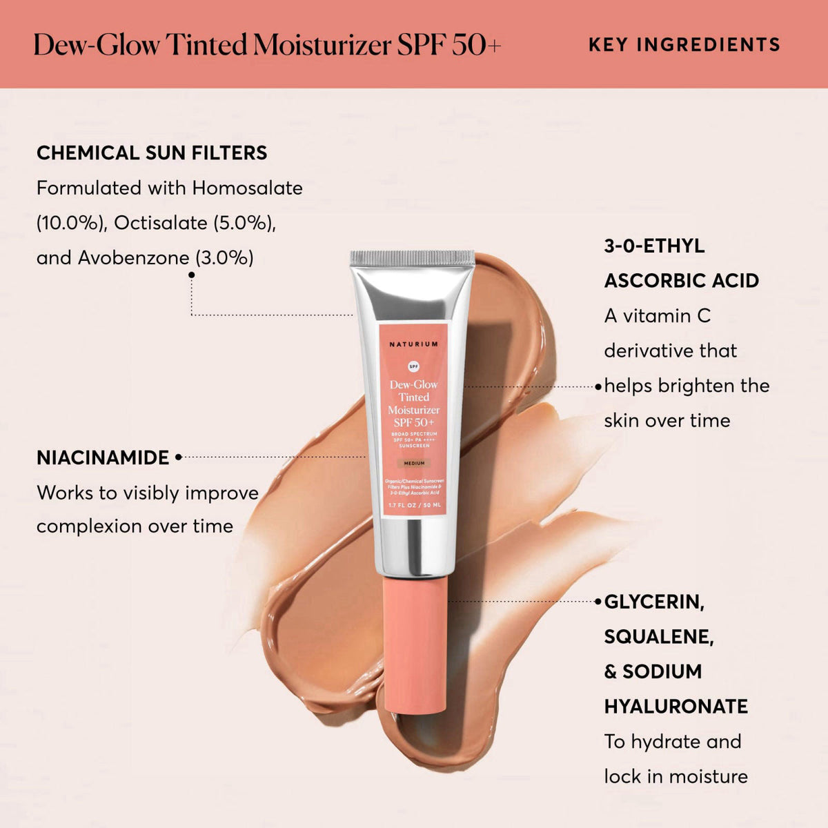 Naturium Dew-Glow Tinted Moisturizer SPF 50+ Medium, Daily Moisturizing Sunscreen & Face Primer with Tint, Skin Protecto