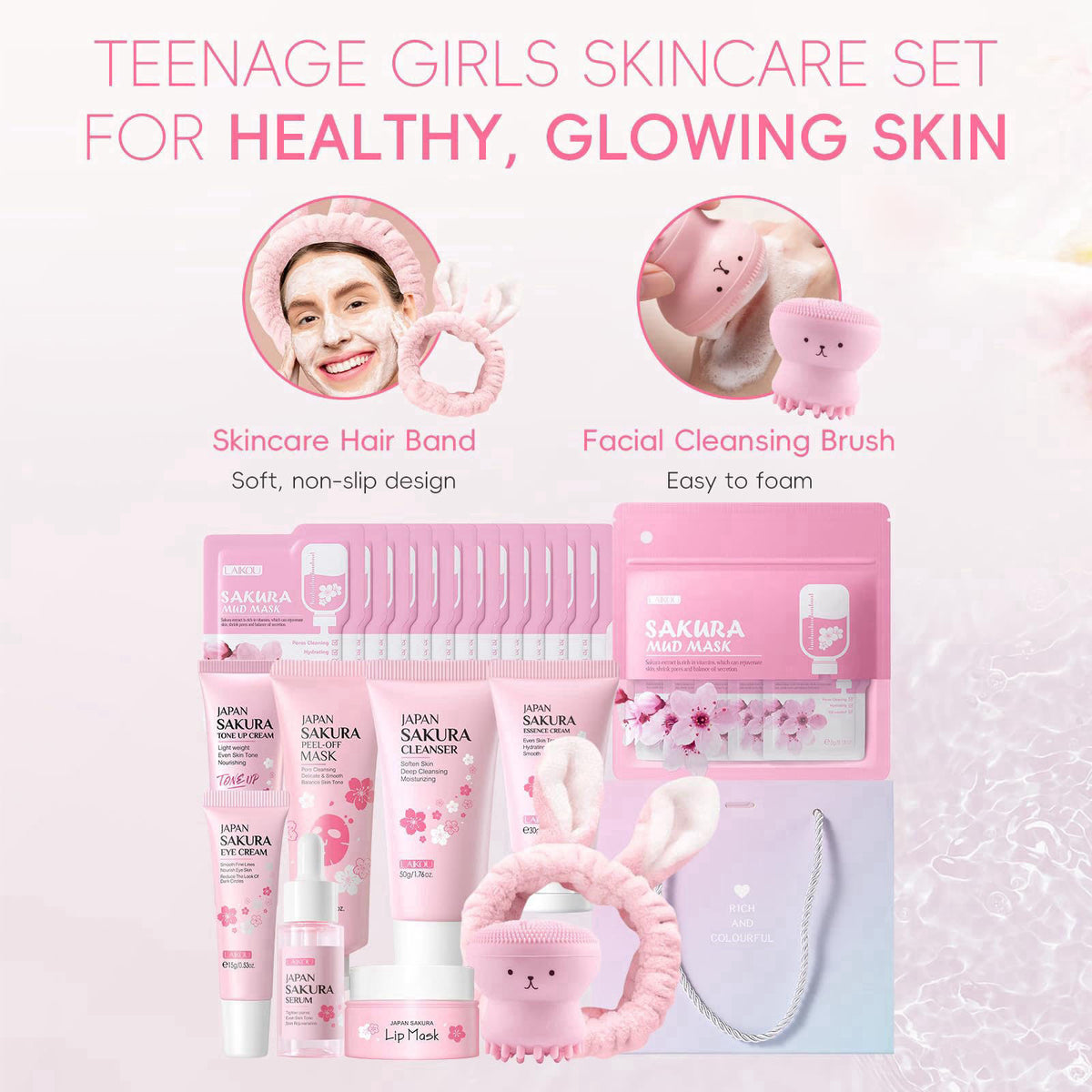LAIKOU Sakura Skincare Set for Teen Girls Complete Face Care
