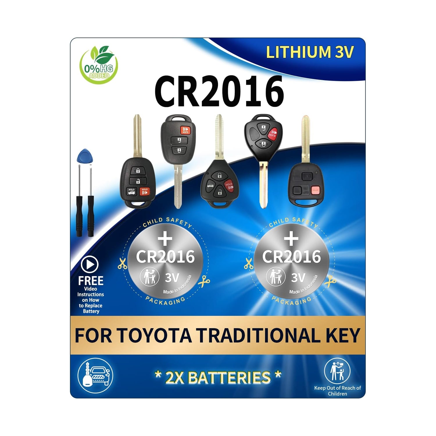 Pair of IYUKETROR CR2016 key fob replacement batteries for Toyota traditional keys, shown in a clear image.