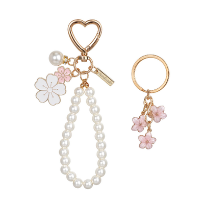 Piriuuo pearl flower keychain kit with pink, white, and gold metal flower keyrings for women
