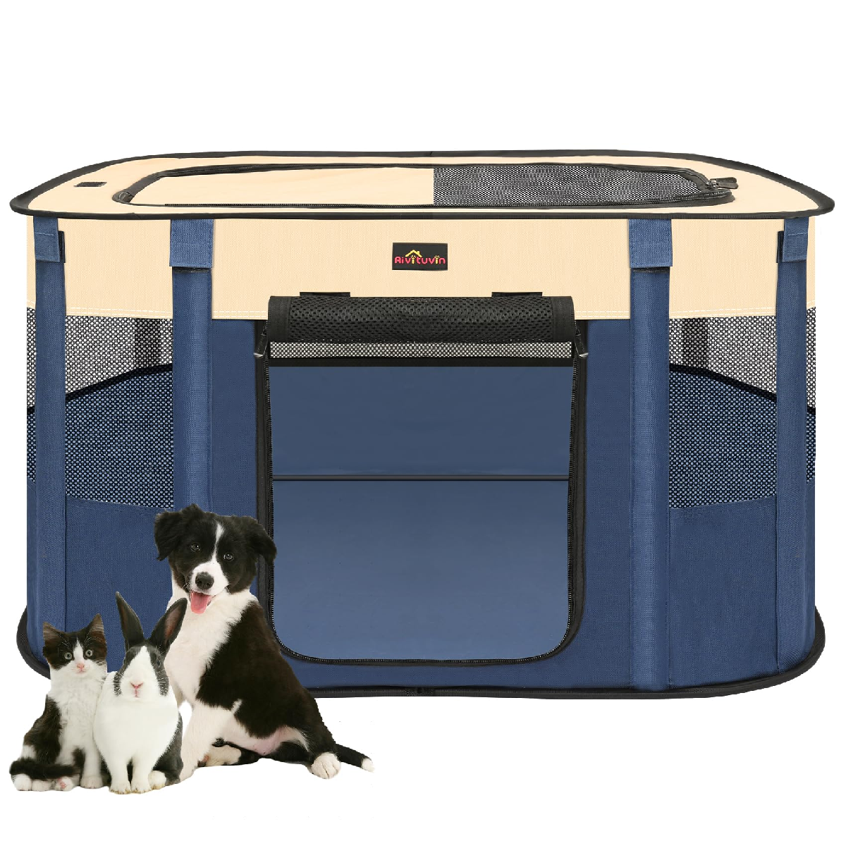 Blue foldable dog playpen with mesh windows and removable roof for puppies and small pets