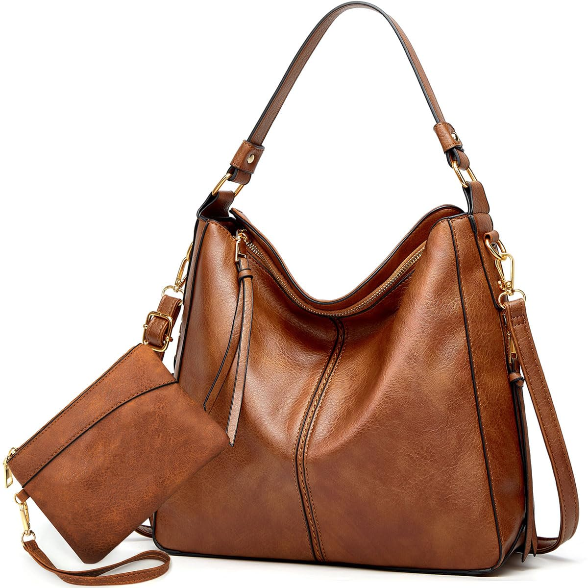 Large brown vegan leather large capacity hobo tote bag for women with multiple pockets and adjustable crossbody strap