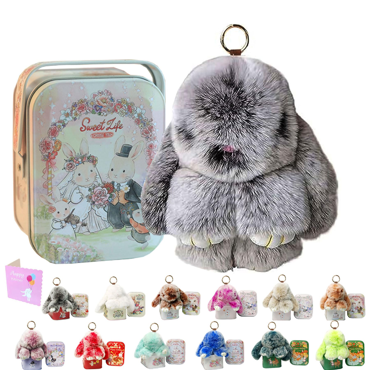 Soft pure rabbit fur gray keychain with tin box Easter gift charm