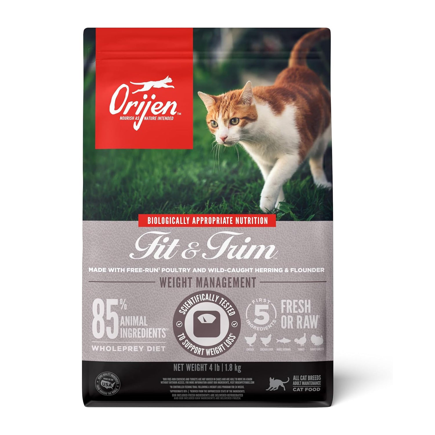 ORIJEN Fit & Trim grain-free high protein dry cat food in a 4lb bag, showcasing the premium cat food packaging and product details.
